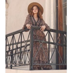 Dress Forum Medium Midi Dress Brown Paisley Tiered Long Sleeve Boho Festival